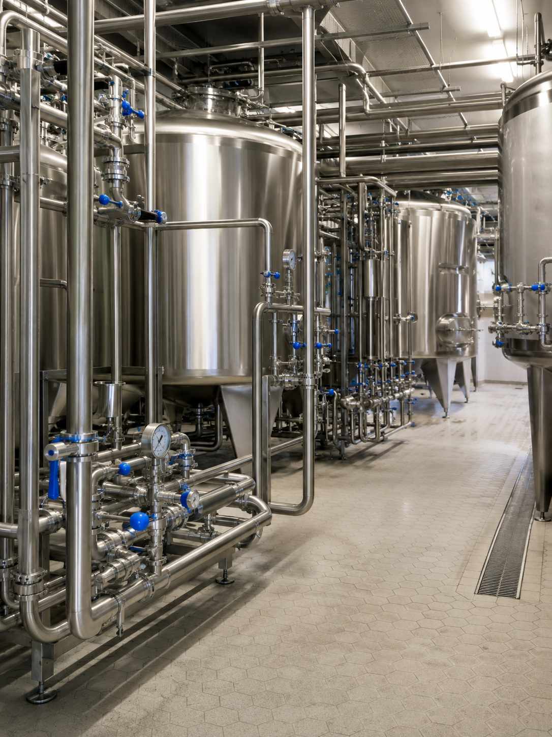 CIP solution heating skid with stainless pipework and instrumentation